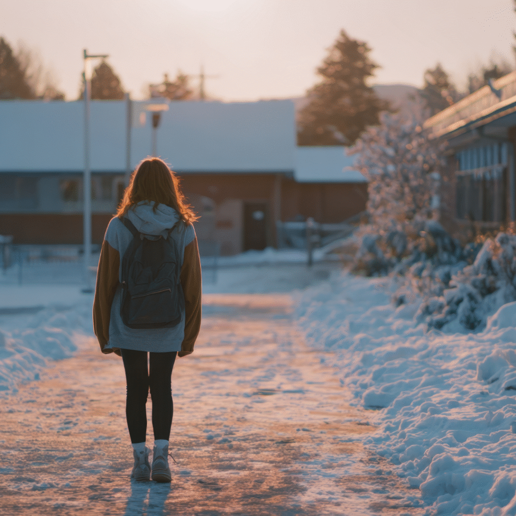 College-bound teen girl walking alone through snow on a college campus in winter, representing students navigating uncertainty after college deferral decisions.