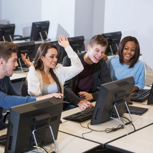 4 students enjoying their time at a virtual college fair