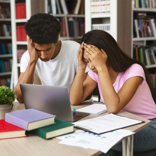 a girl and a boy student in the library studying