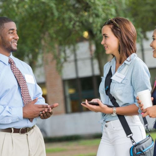 Admission officer and student talking