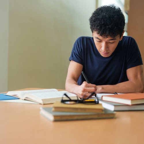 Boy student writing in notebook