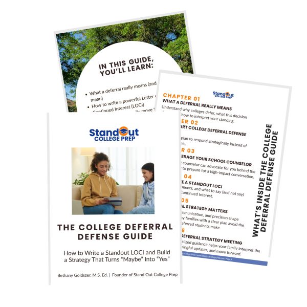 The College Deferral Defense Guide cover showing a mother and student reviewing college materials together, with chapter previews including what deferrals mean, LOCI writing strategies, and counselor advocacy tips by Stand Out College Prep founder Bethany Goldszer