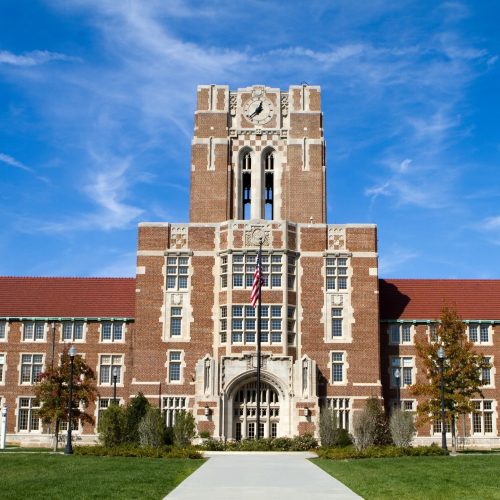 front of a big college building